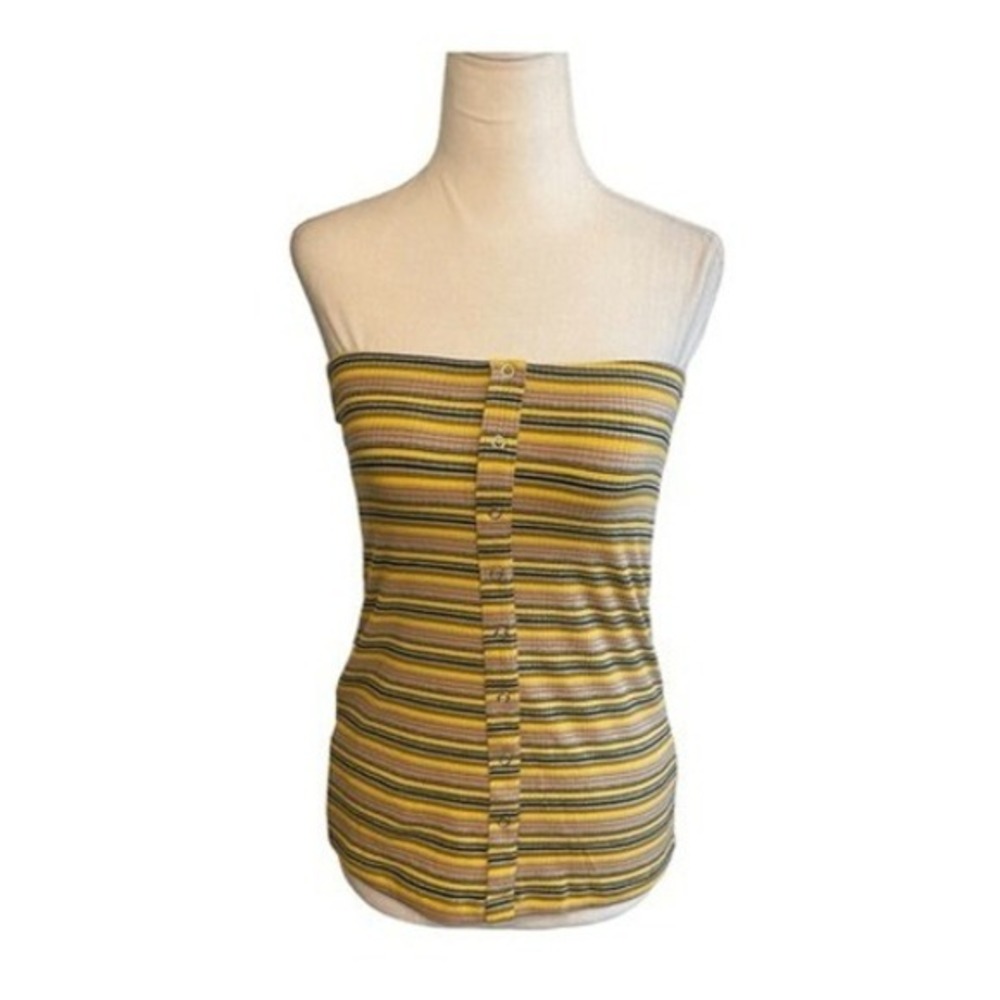 Olivaceous‎ Strapless Top Yellow Tan Black Blue Striped Stretch Knit S